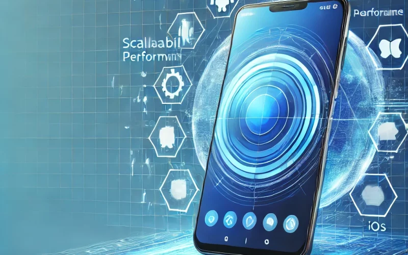 DALL·E 2024-12-22 21.09.11 - A visually engaging image illustrating mobile app development, featuring a sleek smartphone with a vibrant blue user interface. The background include